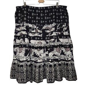 Susan Graver 2X Printed Cotton Broomstick Tiered Skirt Black and White A231974